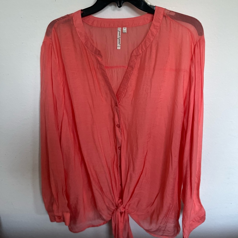 GRAND & GREENE NWOT SHEER DESIGN LONG SLEEVES BUTTON & TIE-UP CORAL SHIRT